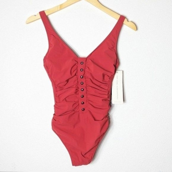Gottex Red One Piece Swim Suit Ruched Studded Maillot size 6 NWT - Picture 1 of 12